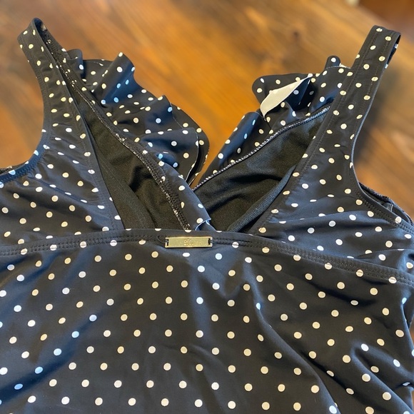 Ralph Lauren Black White Polka Dot Ruffle Tankini SLIMMING Top&black bottom-SZ-8 - Picture 7 of 12